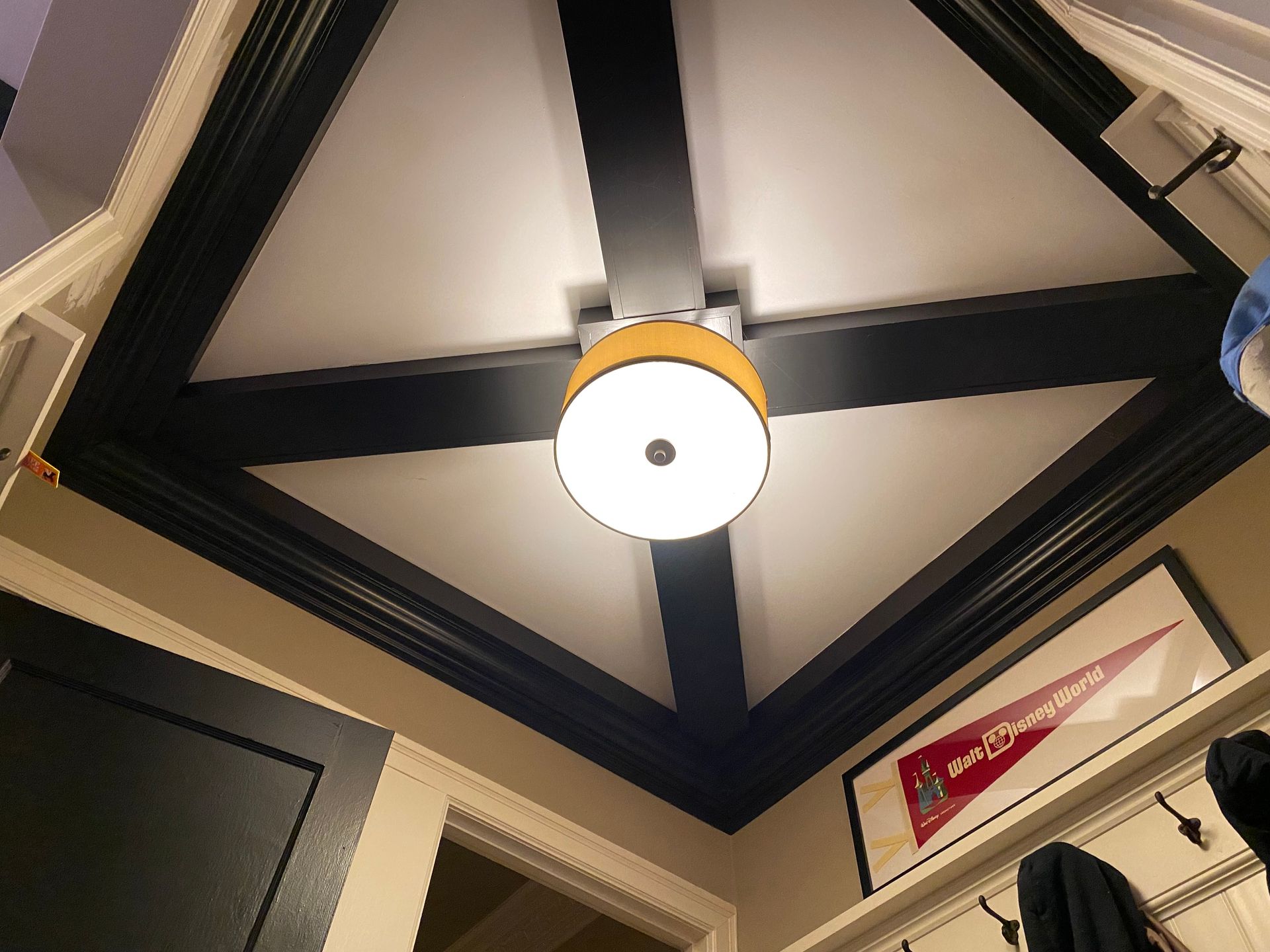 A ceiling with a light and a picture on it