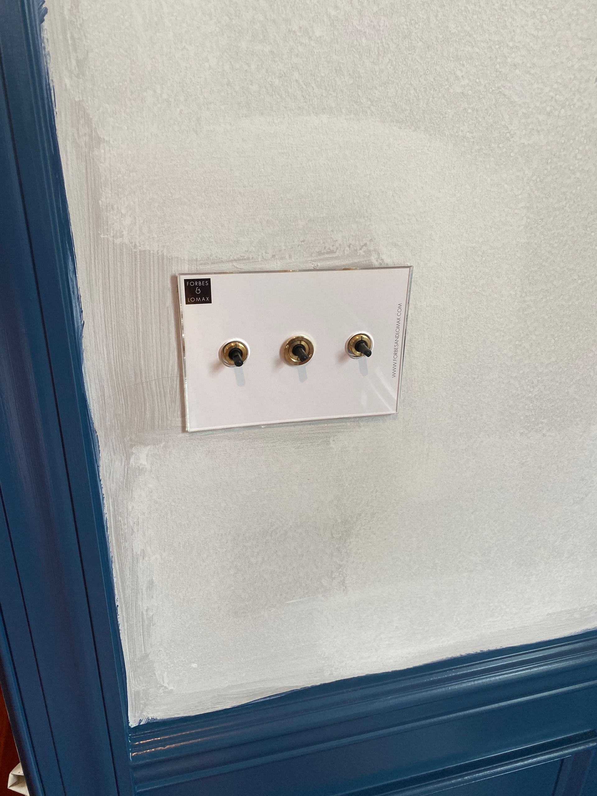A white light switch is sitting on a blue wall.