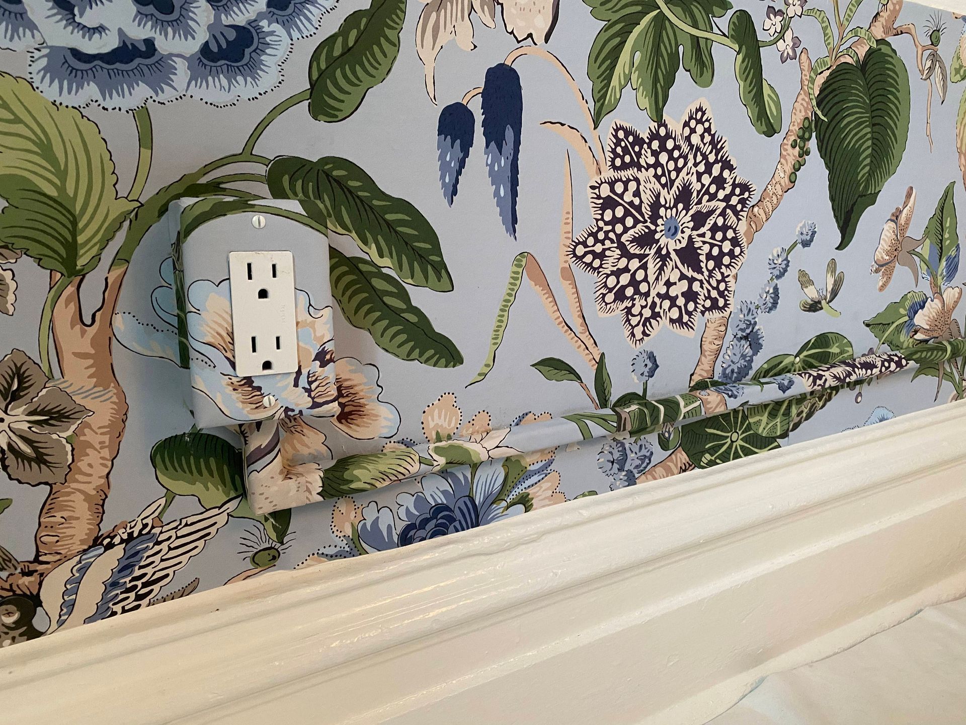 An electrical outlet with a floral wallpaper behind it