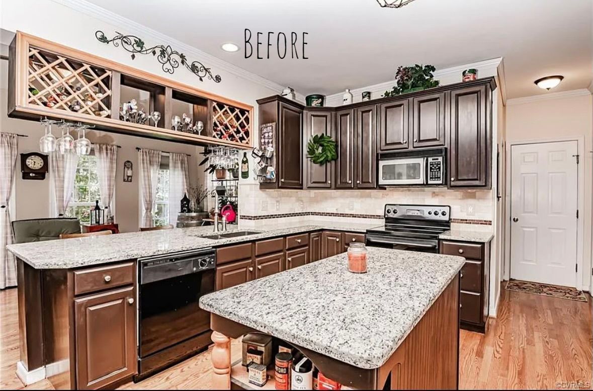 Cabinet Refacing: A before and after photo of a kitchen with granite counter tops.