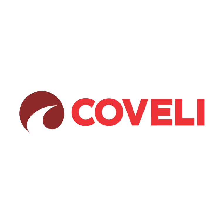 O logotipo da coveli é vermelho e branco em um fundo branco.
