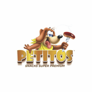 Um logotipo para petitos snacks super premium com um cachorro segurando um bife em um garfo
