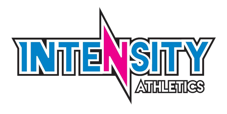 The logo for intensity athletics is blue and pink.