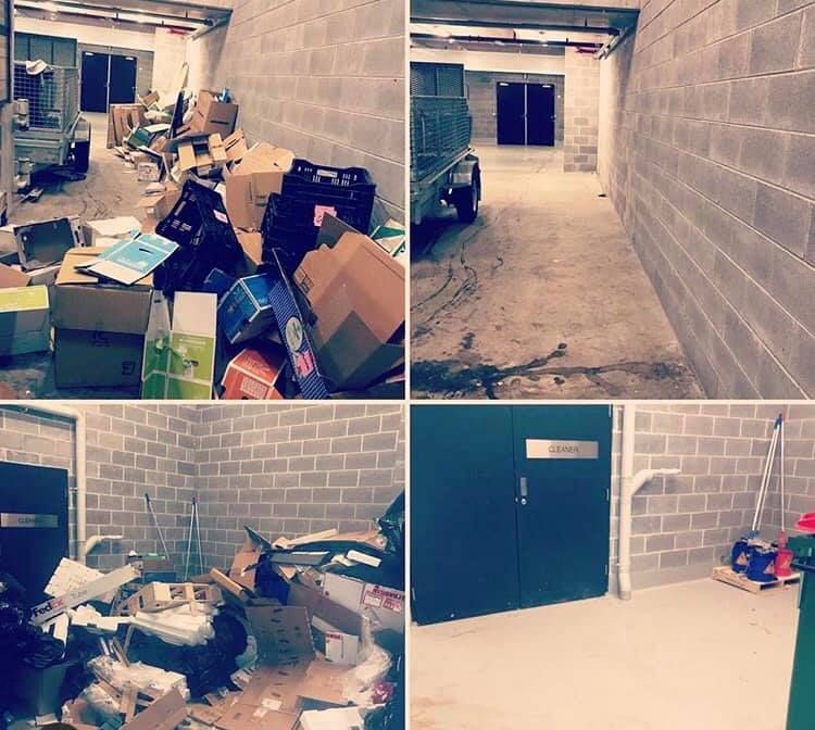 A collage of four pictures of a messy garage