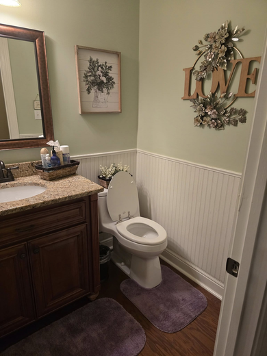 Powder room with toilet, vanity, and framed wall art; light green walls, brown vanity, and purple rugs.