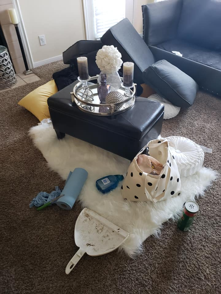 Messy living room: overturned furniture, rug, ottoman with decor, cleaning supplies scattered.
