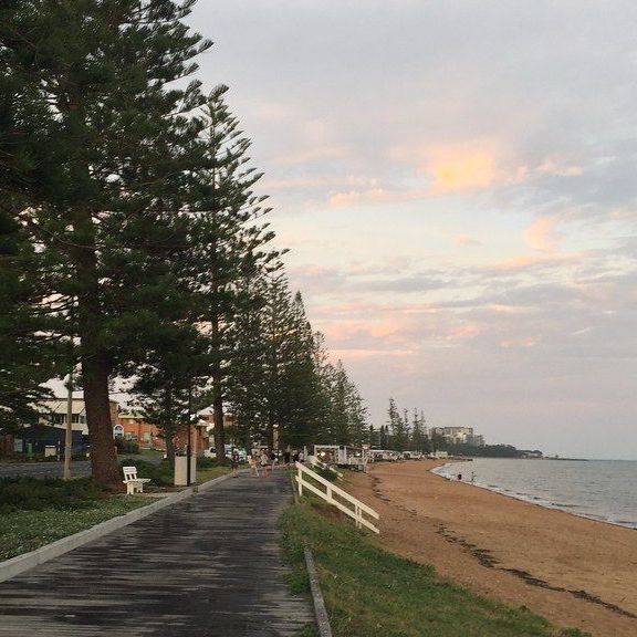 A path leading to a beach with trees on both sides