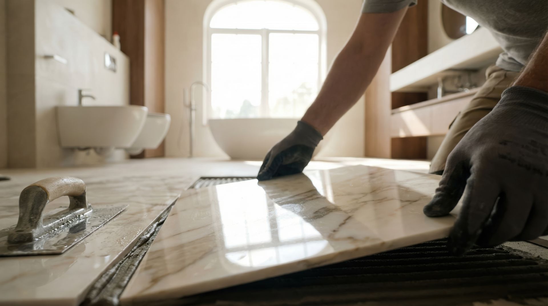 Custom bathroom remodeling company installing marble tile flooring during luxury bathroom renovation. Custom bathroom remodeling company installing marble tile flooring during luxury bathroom renovation.