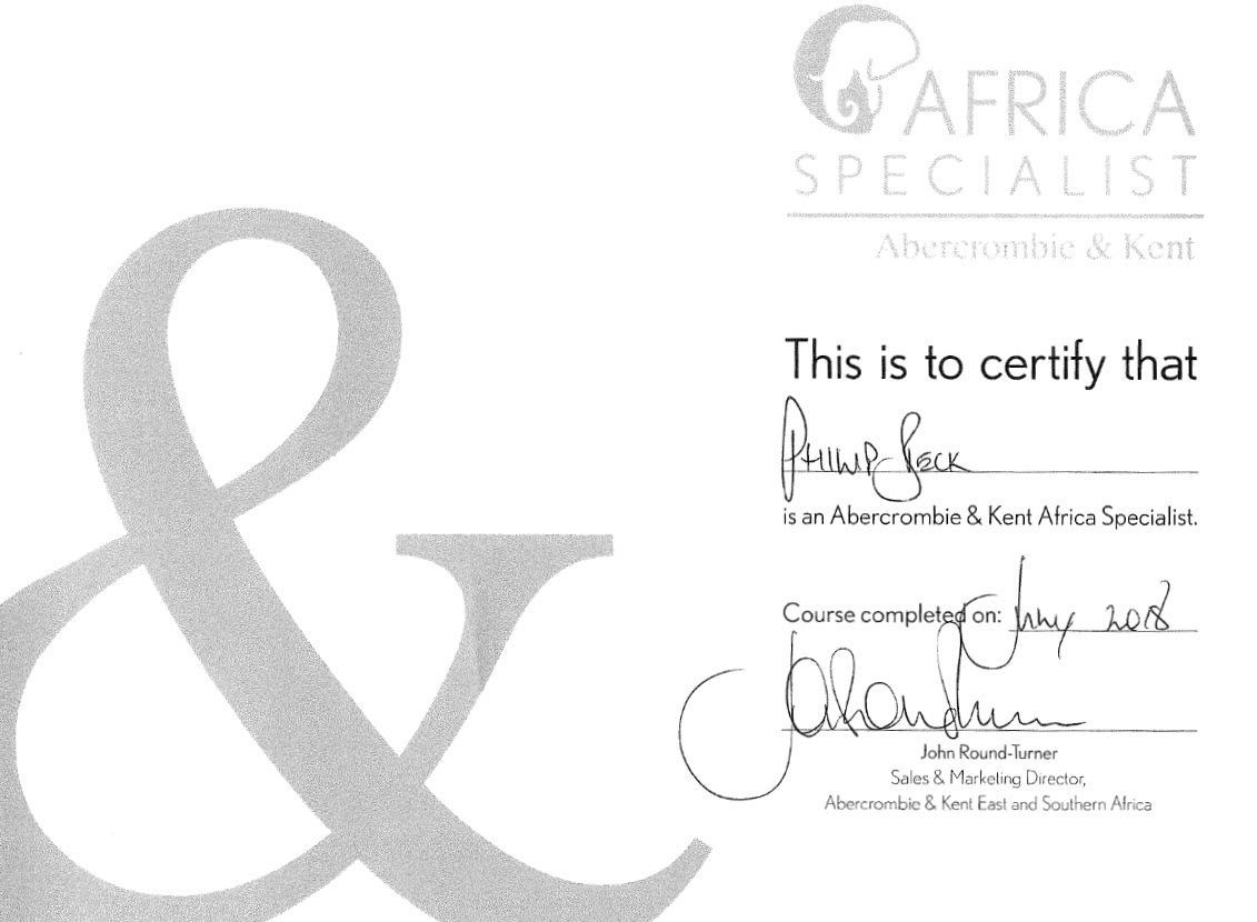 Certificate from Africa Specialist with logo and signature.