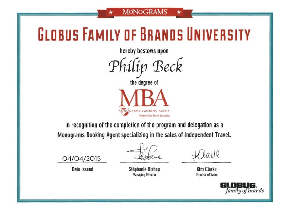 Certificate from Globus Family of Brands University, awarding Philip Beck with an MBA.
