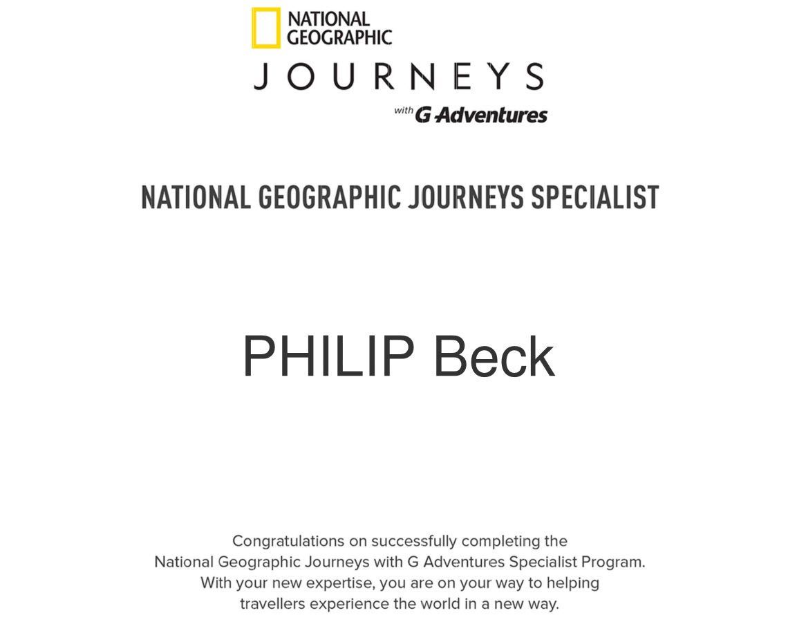 Certificate for Philip Beck, a National Geographic Journeys Specialist.