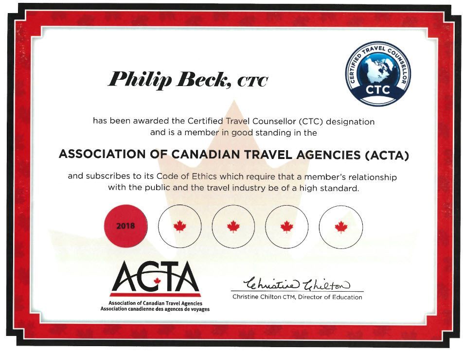 Certificate for Philip Beck, CTC, from the Association of Canadian Travel Agencies (ACTA). Red border, with logos and a signature.