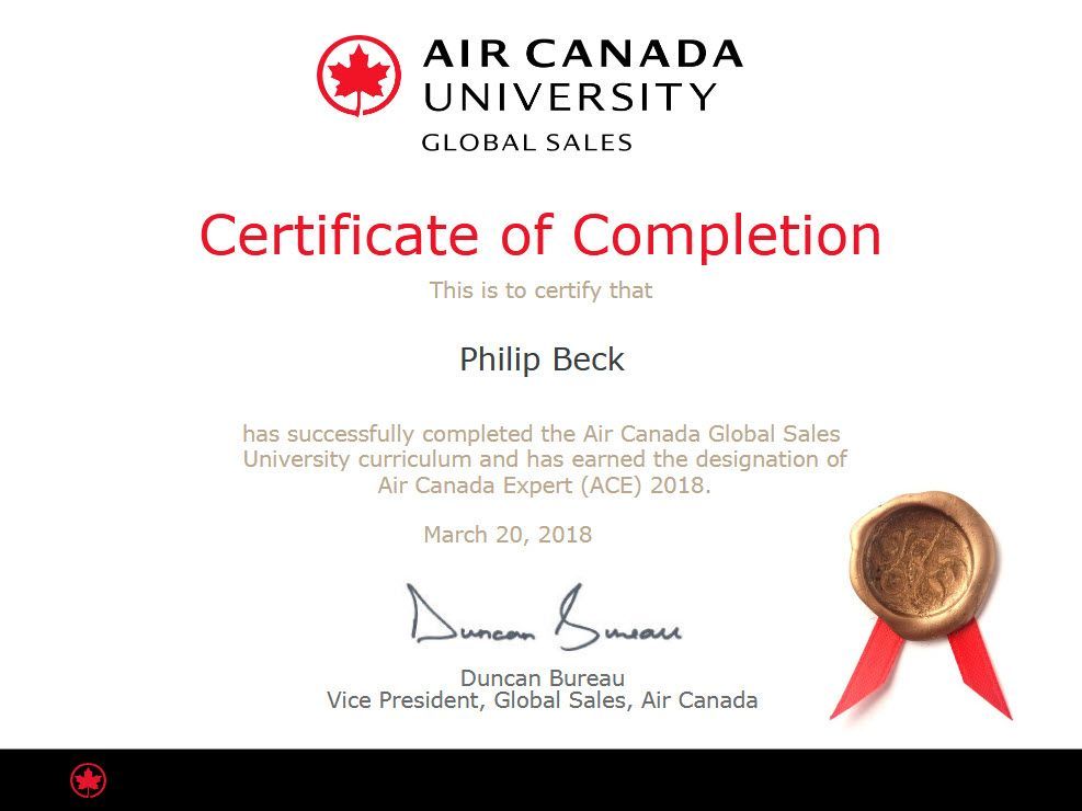 Certificate of completion from Air Canada University, Global Sales, for Phillip Reck, dated March 20, 2018.