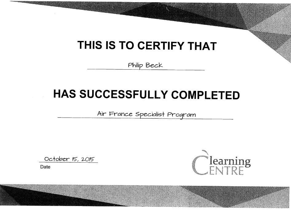 Certificate of completion for Philip Back from a learning center.