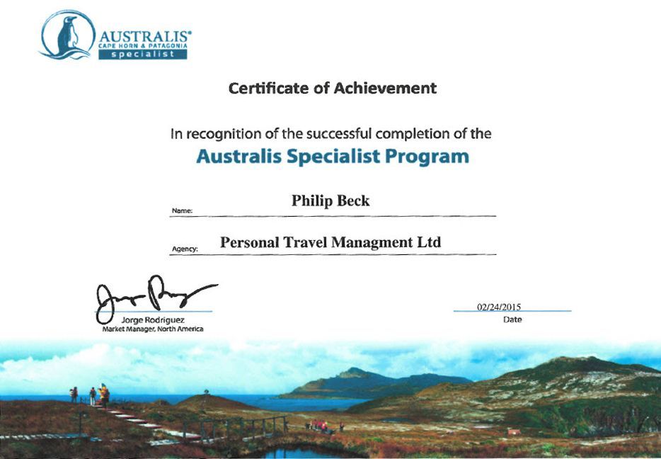 Certificate of Achievement for Philip Beck from Australis Specialist Program. Landscape photo background.