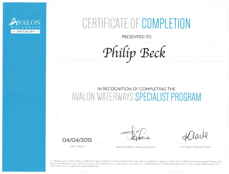 Certificate of Completion for Philip Beck, Avalon Waterways Specialist Program. Blue and white, dated April 4, 2018.