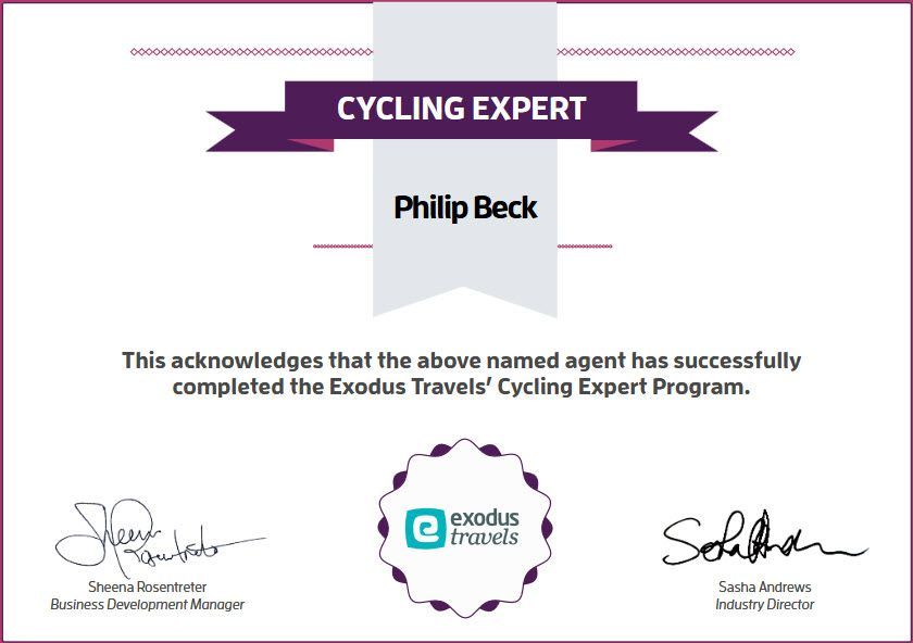 Certificate of Cycling Expert, Exodus Travels, with name 