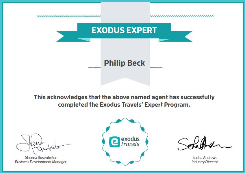 Certificate for Phillip Beck, an Exodus Expert, turquoise accents.