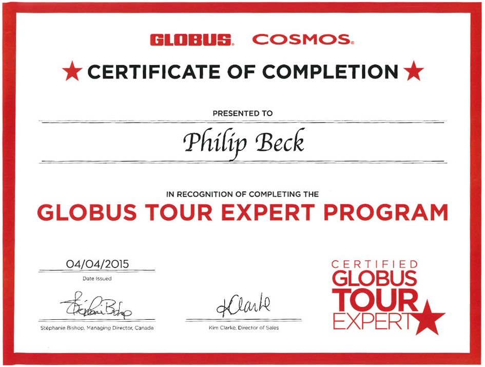 Certificate of Completion for Philip Beck, Globus Tour Expert Program, red and white.