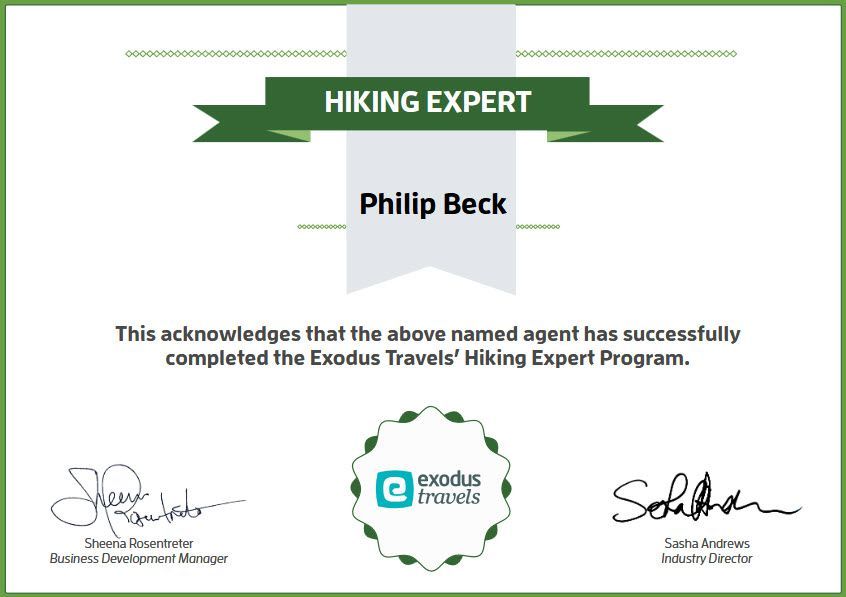 Certificate for Philip Beck, Hiking Expert. Green and white design, Exodus Travels logo, signatures.