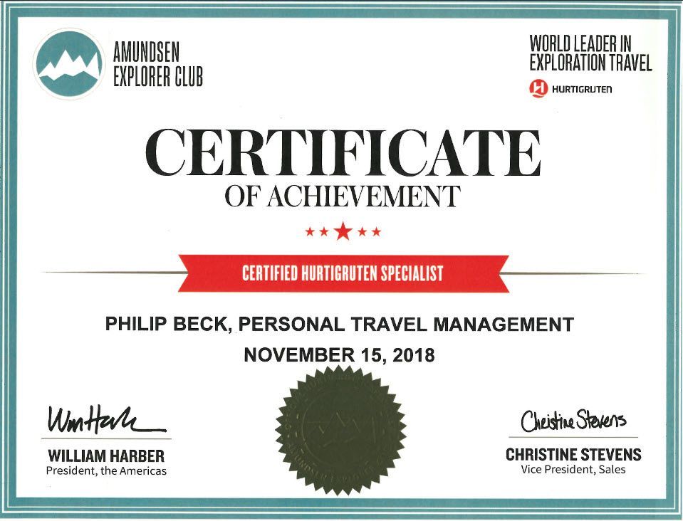 Certificate of Achievement for Philip Beck, Certified Adventure Specialist, dated November 15, 2018. Includes signatures and logos.