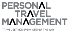 Logo for Personal Travel Management. Text in gray with black inverted V's replacing the "A"s. "Travel Service Every Step Of The Way" is below.
