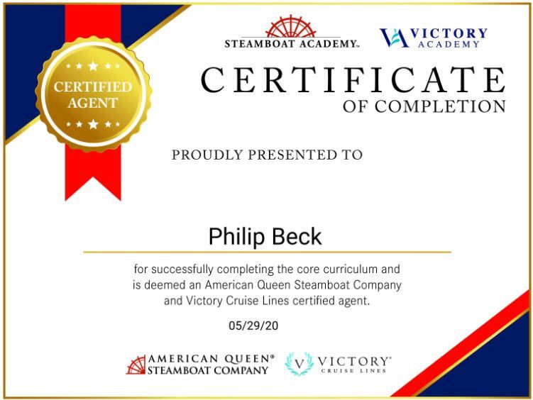 Certificate of Completion for Philip Beck, certified agent, issued by Steamboat Academy, 2020. Features logos and gold seal.