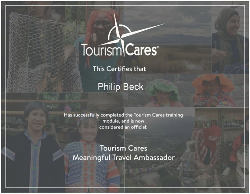 Tourism Cares certificate. Philip Beck is a 
