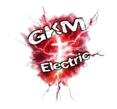 A logo for gkm electric with lightning coming out of it