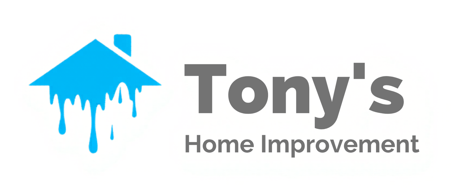 Logo for Tony's Home Improvement featuring a blue house icon with paint dripping from the roof and grey text.