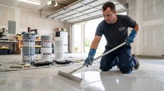 Floor with a male adult kneeling on the floor applying concrete floor coating with a handled tool.