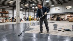 Garage floor with a male adult standing on his feet applying an epoxy floor coating to the floor with a handled tool.