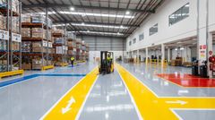 Interior of a well lit commercial warehouse floor with a fresh coat of epoxy flooring in a couple of different colors.