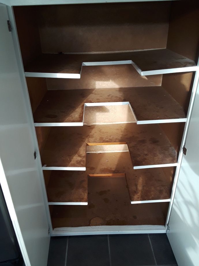 The inside of an empty closet with shelves and a door