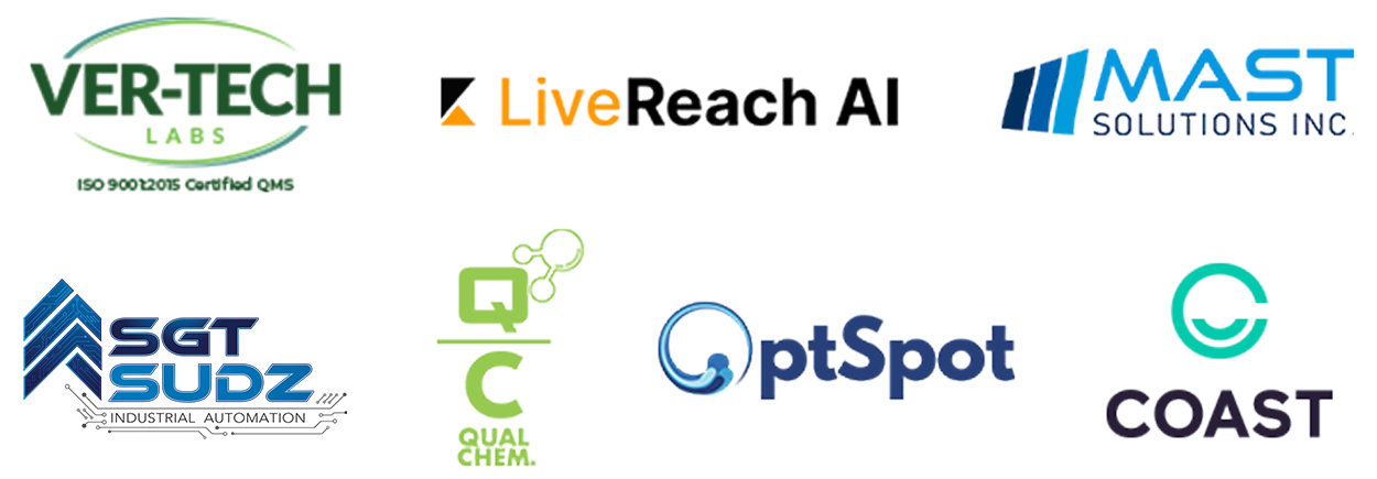 6 sponsor logos for Ver-Tech, LiveReach AI, Coast, Mast Solutions, Sgt. Sudz, Qual Chem, OptSpot