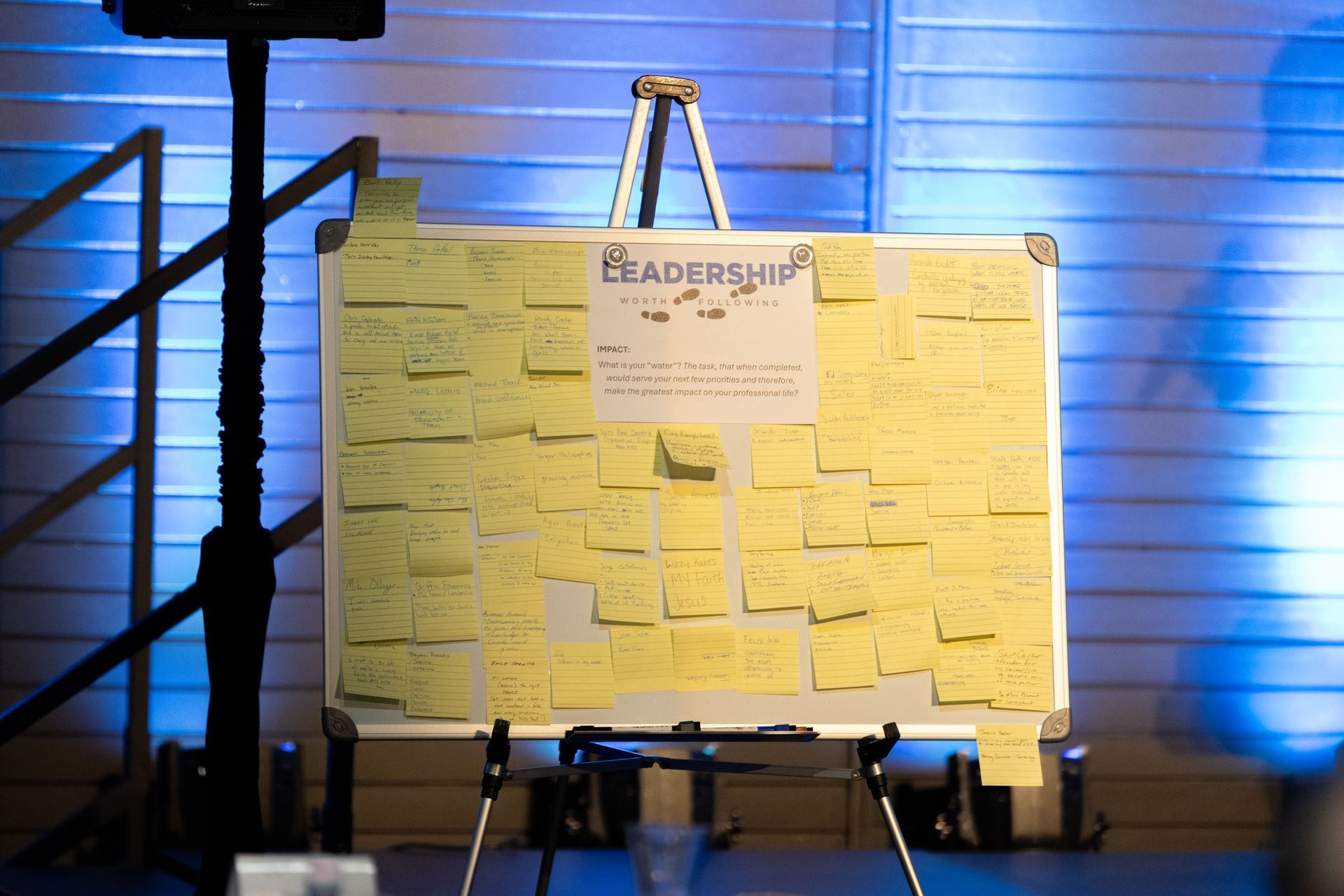 Whiteboard on an easel covered in yellow sticky notes, with