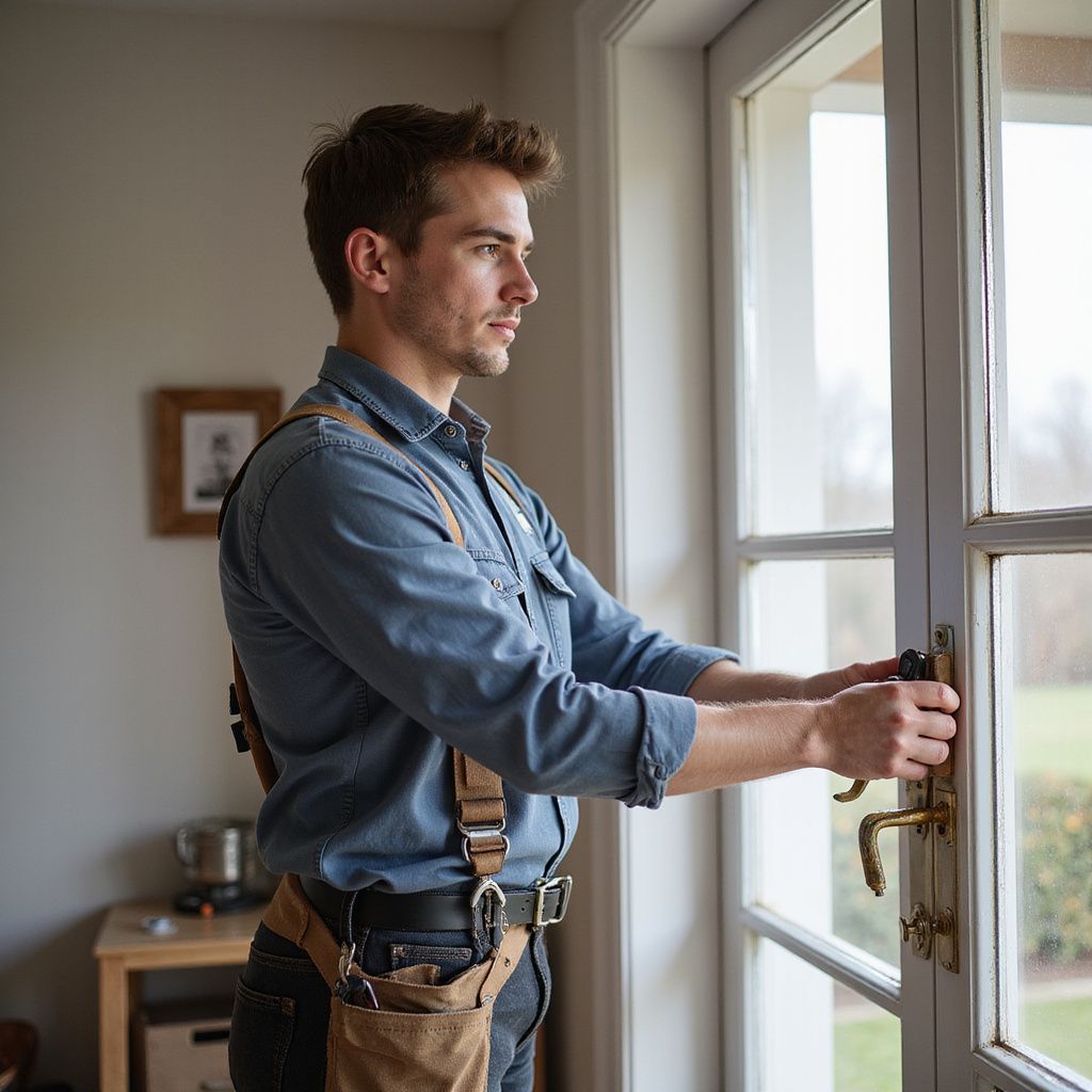 Man in denim shirt with tool belt, opening a white door, looking outside.