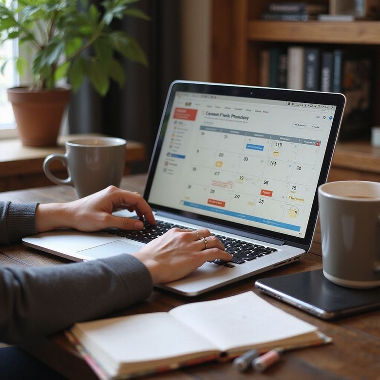 Person typing on a laptop, calendar displayed, with coffee and notebook on table.