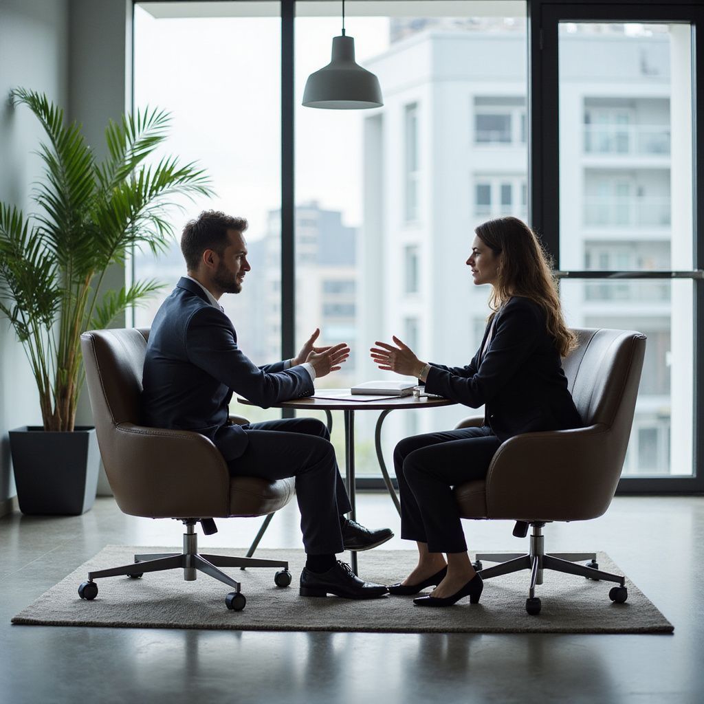 Man and woman in suits converse at a table in a modern office setting.