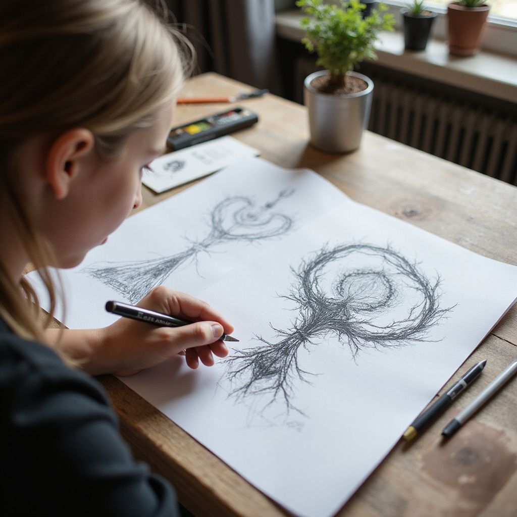 Woman drawing intricate, abstract designs on paper at a wooden table, pens and plants nearby.