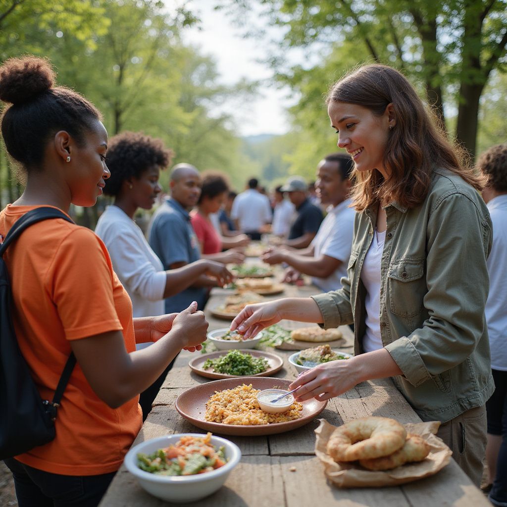People serving food at an outdoor table. One person hands a plate to another. Sunny, outdoor setting.