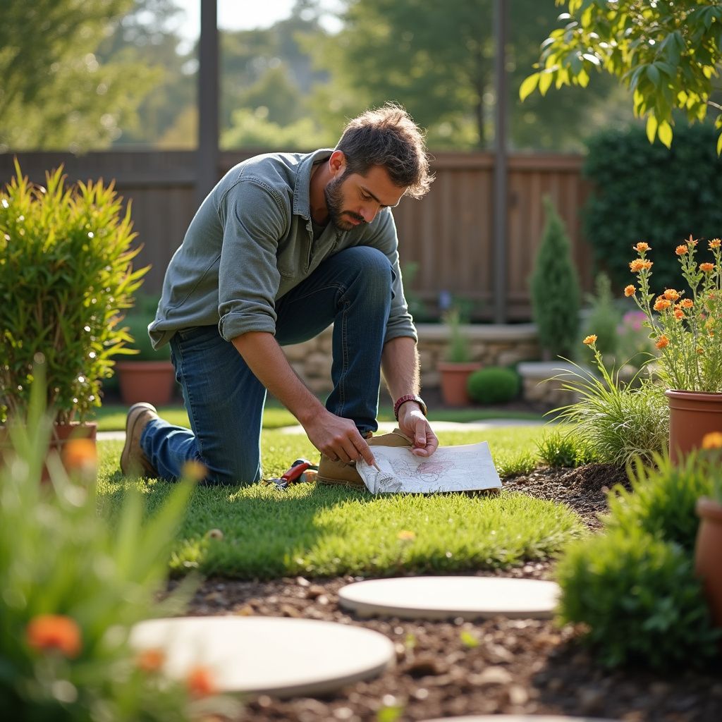 Man kneeling, working on a stone pathway in a sunny garden.