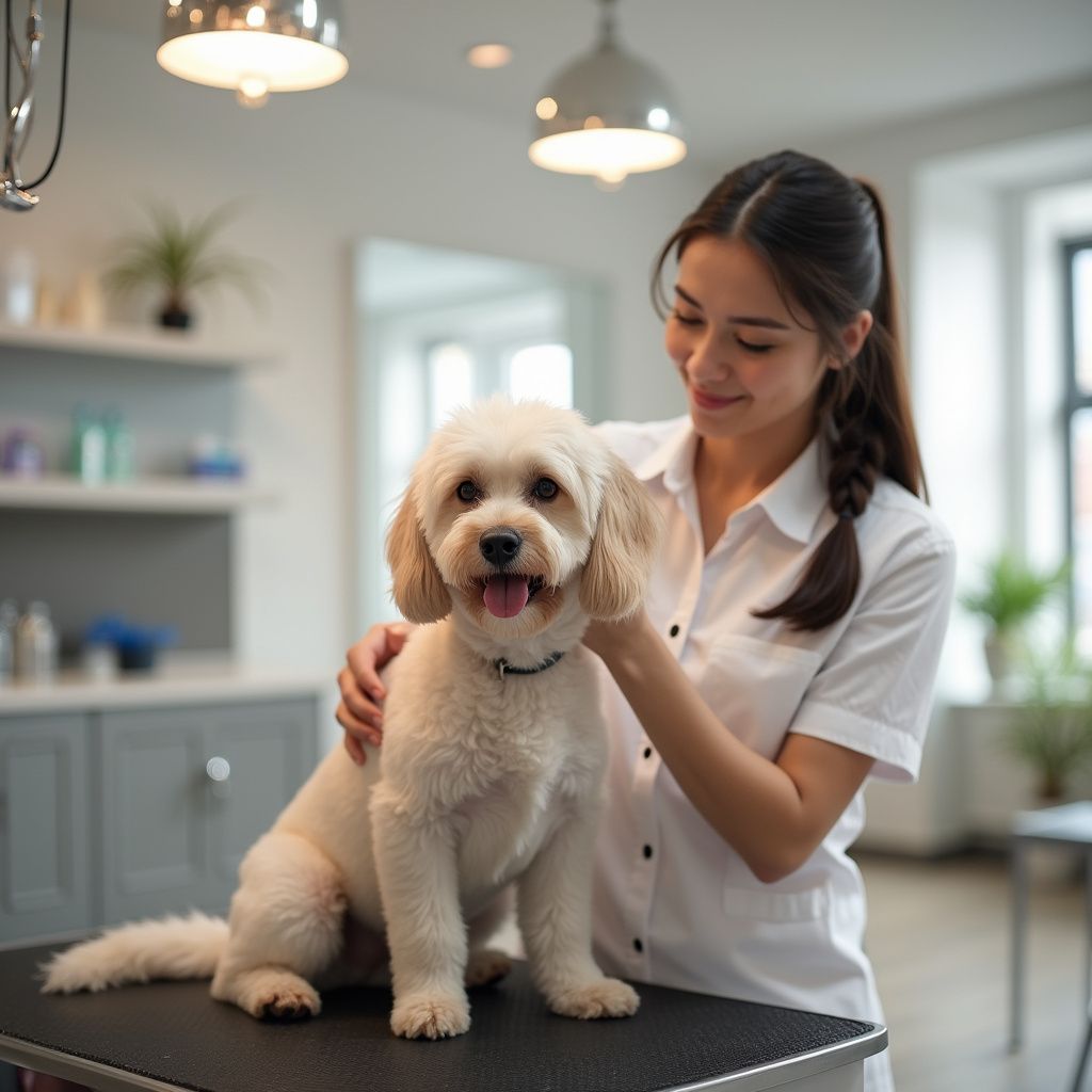 Groomer with a white dog on a grooming table; smiling woman pets dog in a grooming shop.