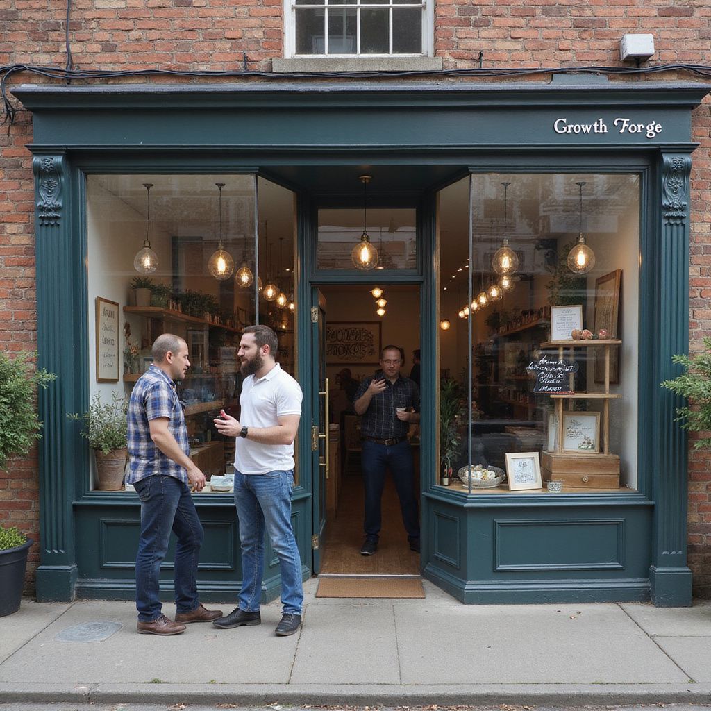 Two men talking outside a teal shop, one in a white shirt, the other in plaid, doorway open, brick building.