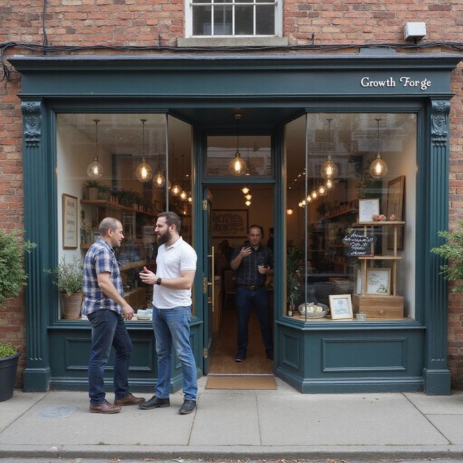 Two men talking outside a teal shop, one in a white shirt, the other in plaid, doorway open, brick building.