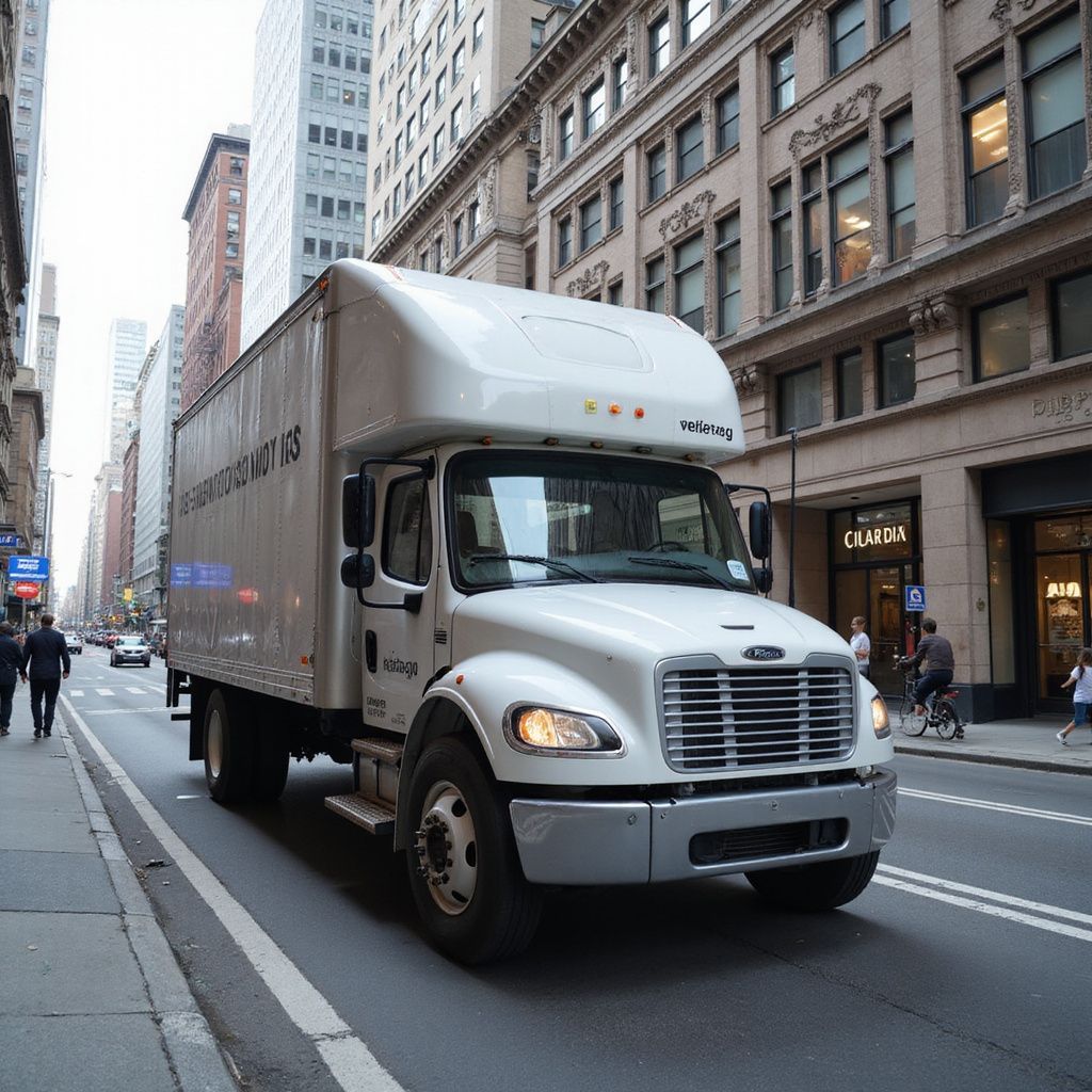 White box truck driving on city street, tall buildings on either side.