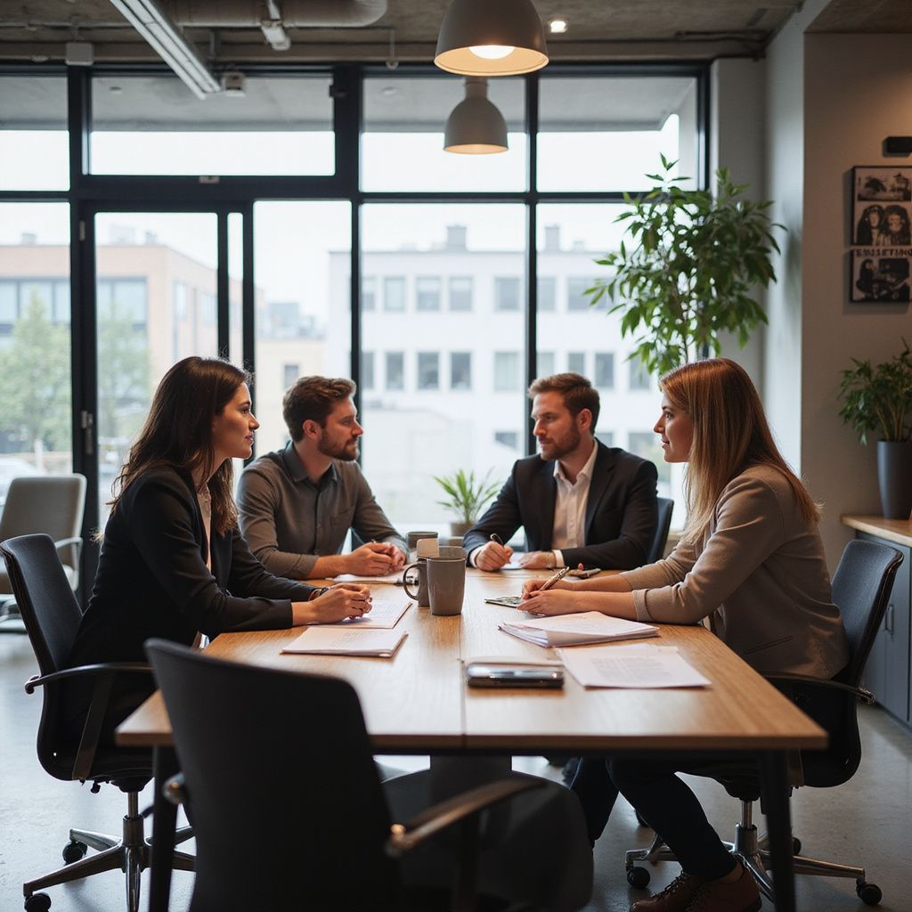 Four people in business attire at a table in an office. They are having a discussion, papers on the table.