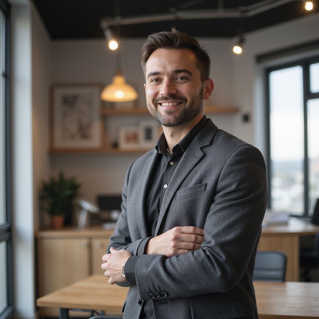 Man in a suit smiles, arms crossed, in a modern office with natural light.