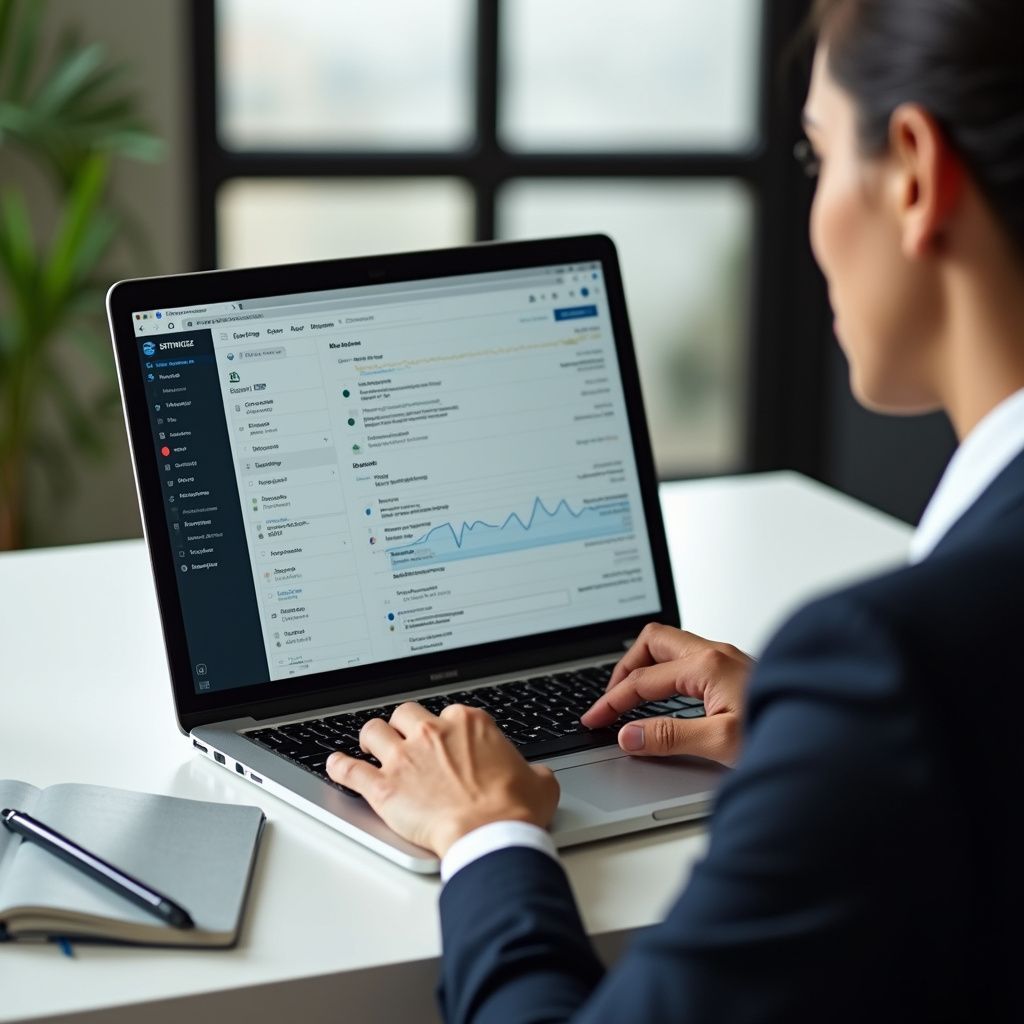 Person in business suit using a laptop, possibly reviewing data or financial information at a desk.