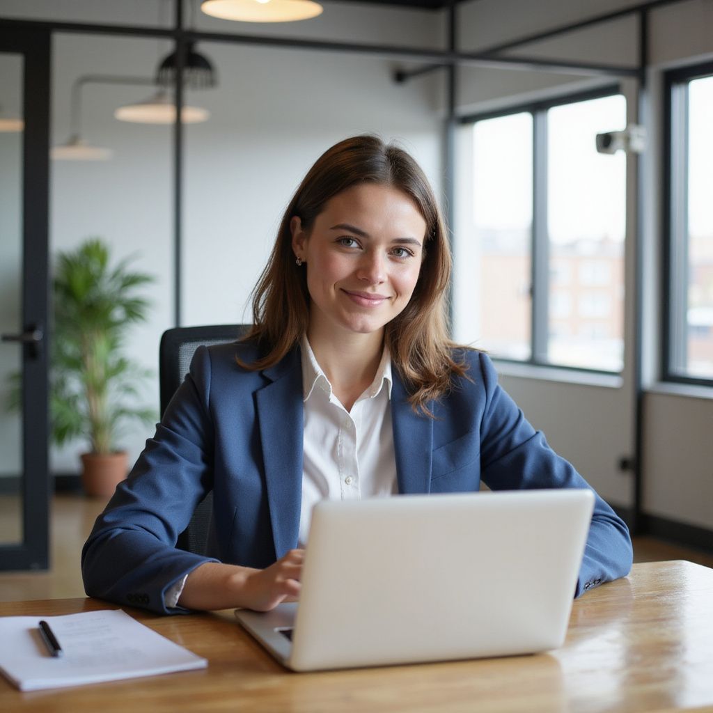 Woman in blue blazer, smiling at a desk with a laptop, office setting.